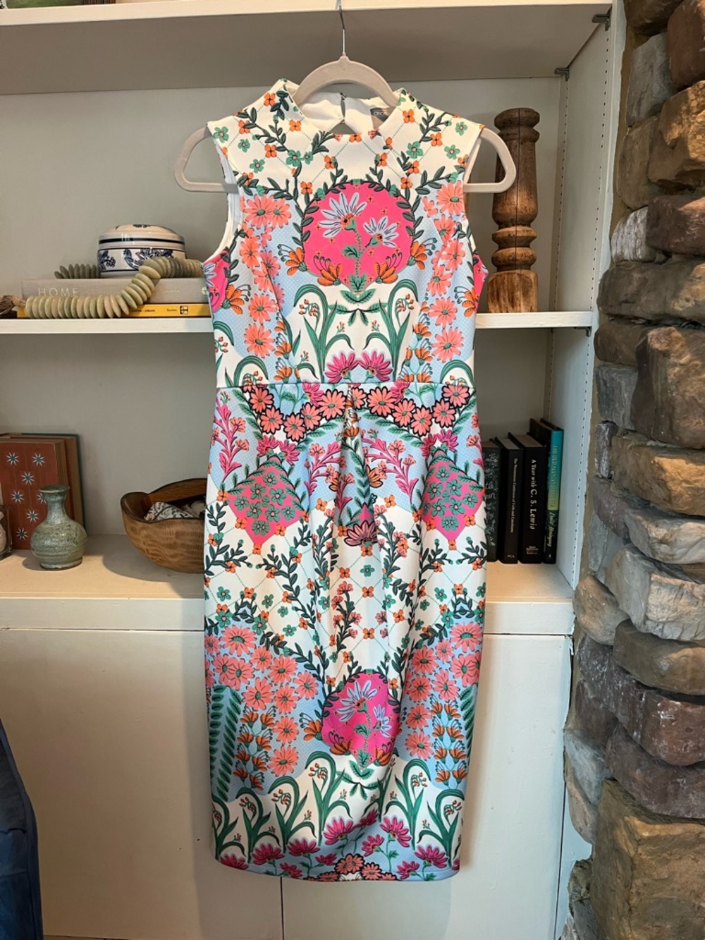 ASOS White Floral Midi Dress with Pink & Green Print